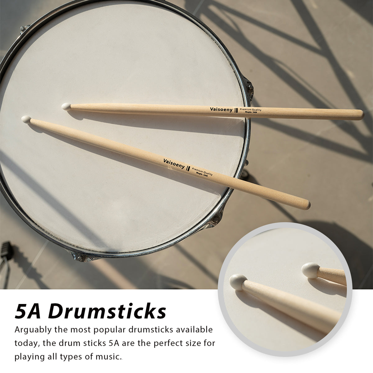 Vaisoeny Drum Sticks, 5A 7A 5B 2B Maple Wood Drumsticks with Teardrop Nylon Tip (12 Pairs)