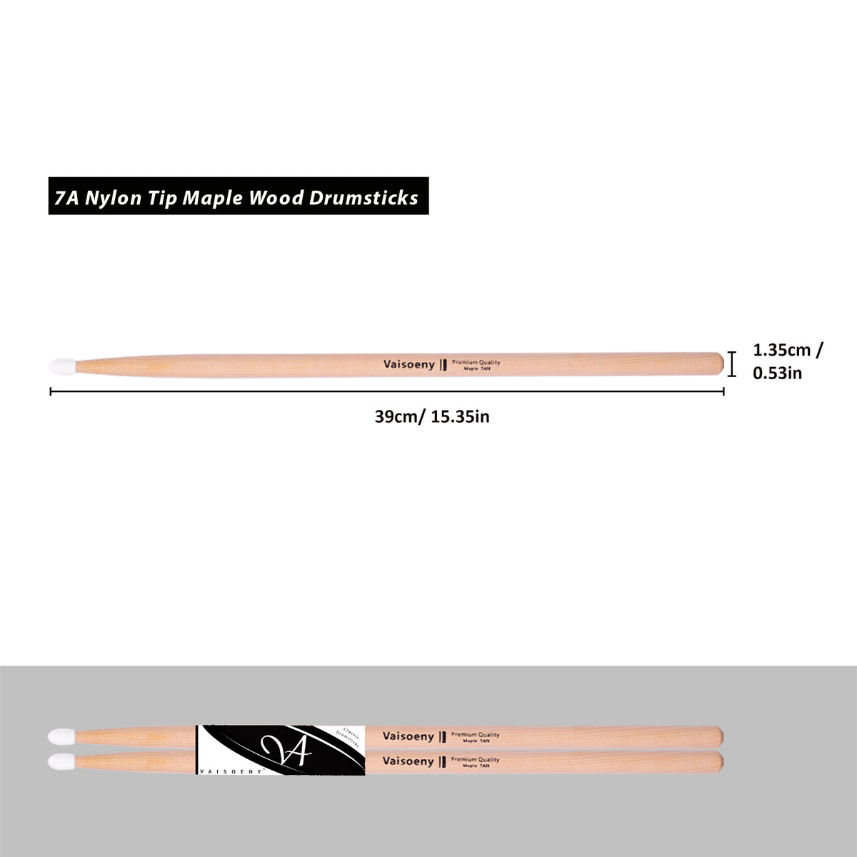 Vaisoeny Drum Sticks, 5A 7A 5B 2B Maple Wood Drumsticks with Teardrop Nylon Tip (12 Pairs)