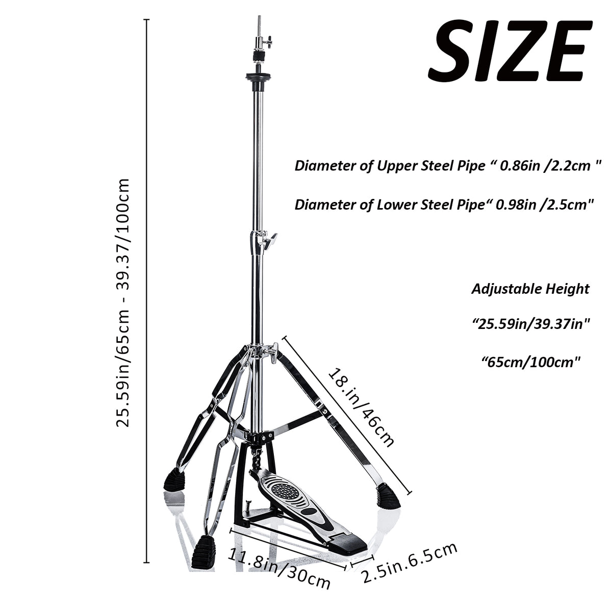 Vaisoeny pied de charleston en acier inoxydable, 1" diamètre du tube, hauteur réglable 23.6"–39.3" (V-CC-VZ10)