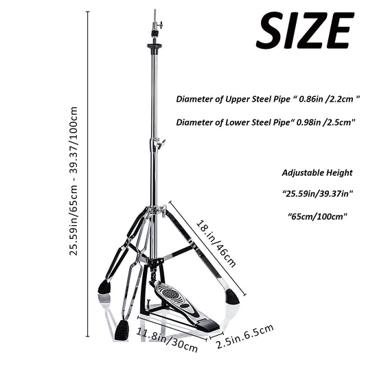Vaisoeny Hi Hat Stand, 1" Pipe Diameter Stainless Steel High Hat Stand, adjustable height  23.6" to 39.3" (V-CC-VZ10)
