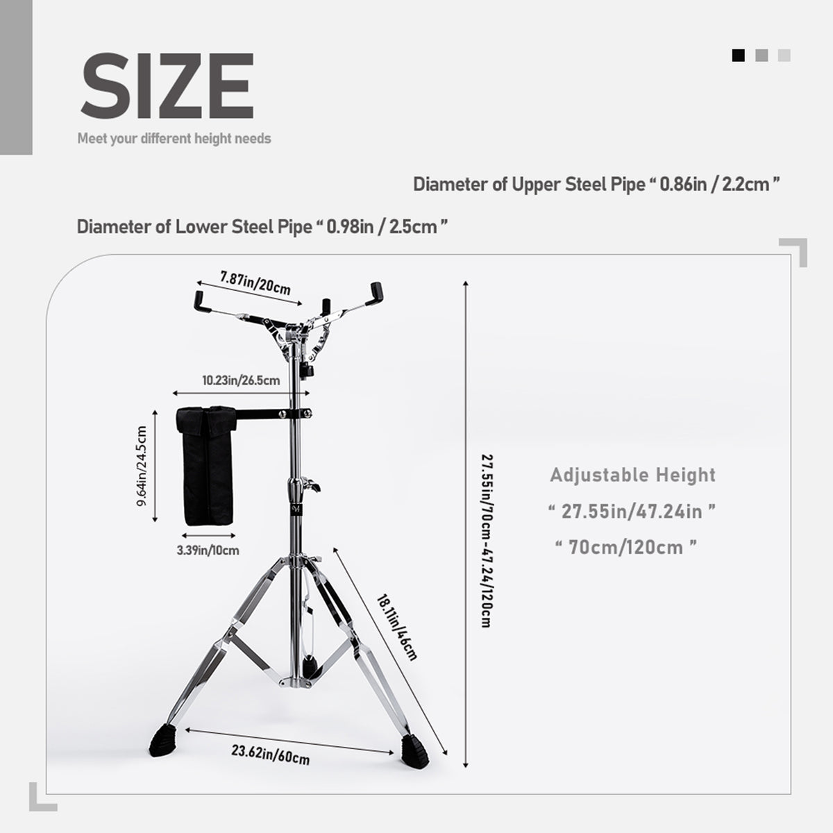 Vaisoeny Extended Height Snare Drum Stand, 1” Pipe Diameter Stainless Steel Snare Stand, Adjustable Height 29.5"-47" (V-JGJ-E001)