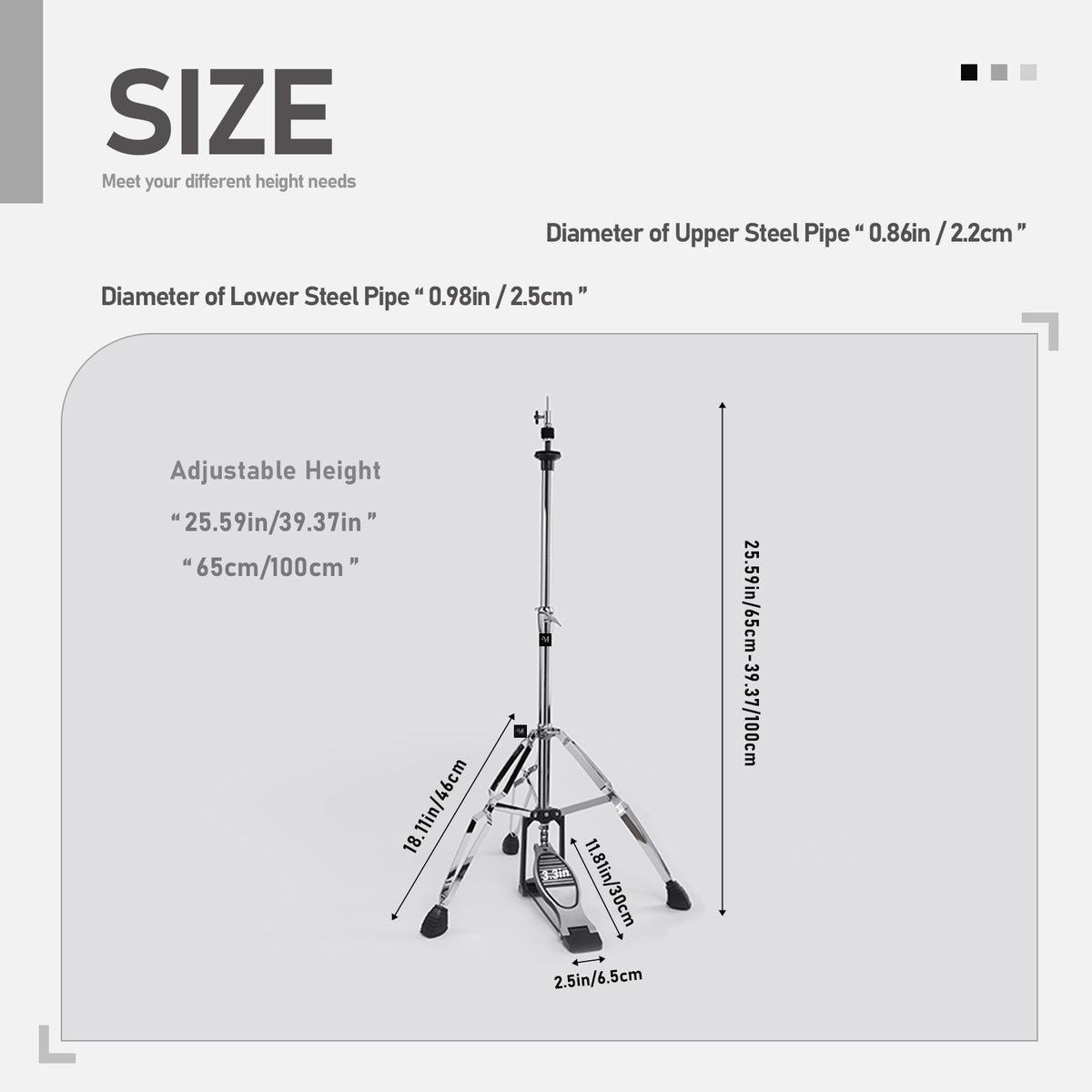 Vaisoeny Hi Hat Stand, 1" Pipe Diameter Stainless Steel High Hat Stand, Adjustable Height  23.6" to 39.3" (V-CCJ-005)