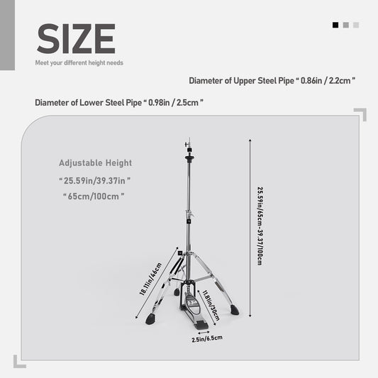 Vaisoeny Hi Hat Stand, 1" Pipe Diameter Stainless Steel High Hat Stand, Adjustable Height  23.6" to 39.3" (V-CCJ-005)