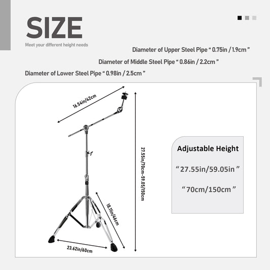 Vaisoeny Cymbal Stand, 1" Pipe Diameter Stainless Steel Boom Cymbal Stand, Adjustable Height 29.5" to 59" (V-XDJ-003)
