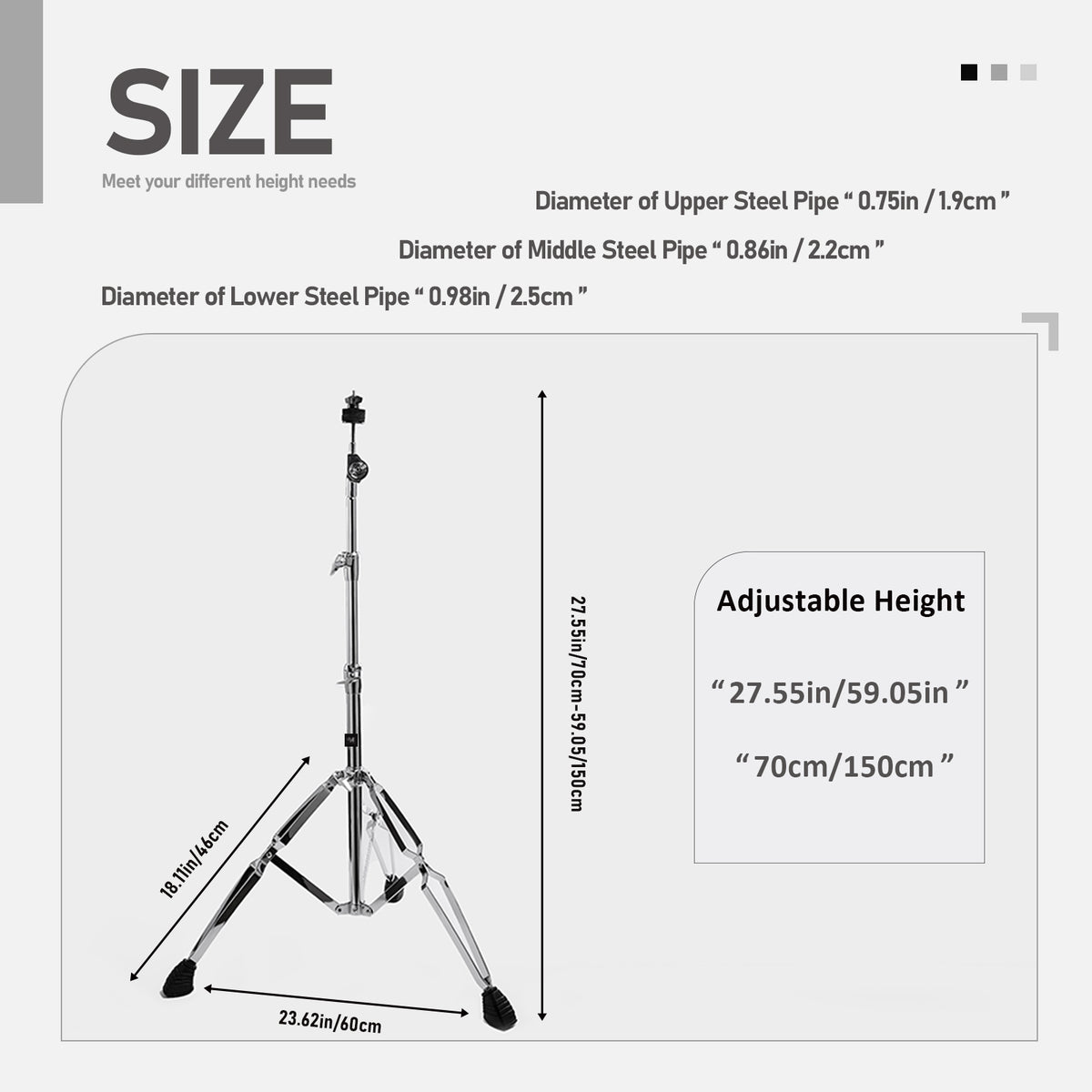 Vaisoeny Cymbal Stand, 1" Pipe Diameter Stainless Steel Straight Cymbal Stand, Adjustable Height 29.5" to 59" (V-ZDJ-004)