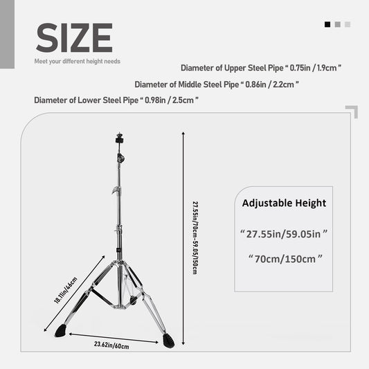 Vaisoeny Cymbal Stand, 1" Pipe Diameter Stainless Steel Straight Cymbal Stand, Adjustable Height 29.5" to 59" (V-ZDJ-004)