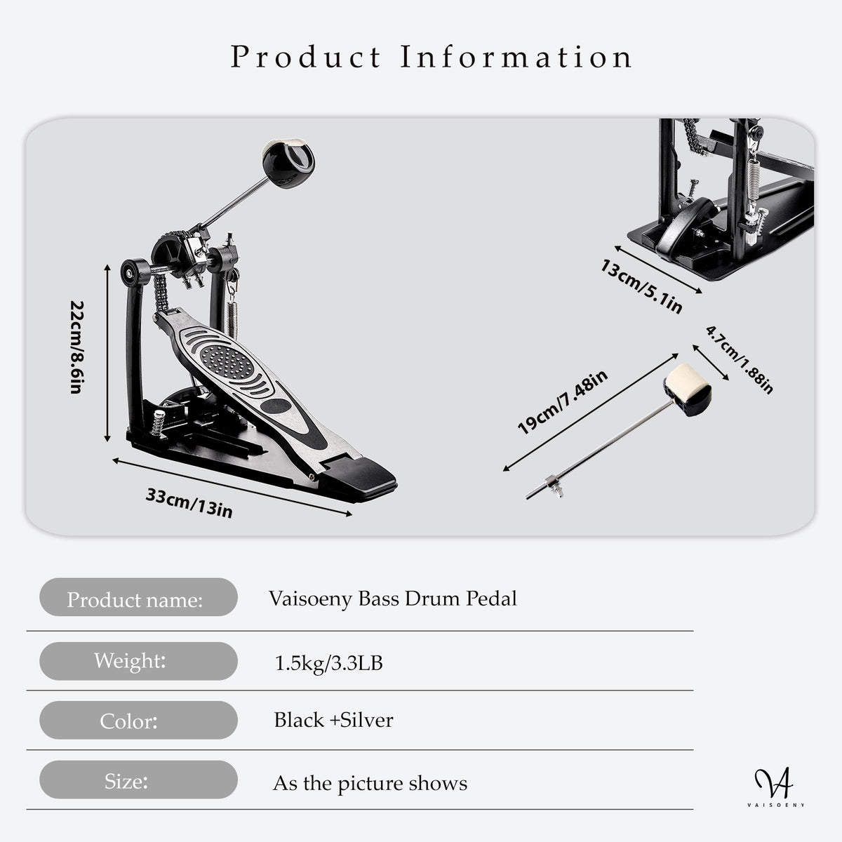 Vaisoeny Bass Drum Pedal, Double Chain Kick Drum Pedal for Drums(V-DC-VZ14)