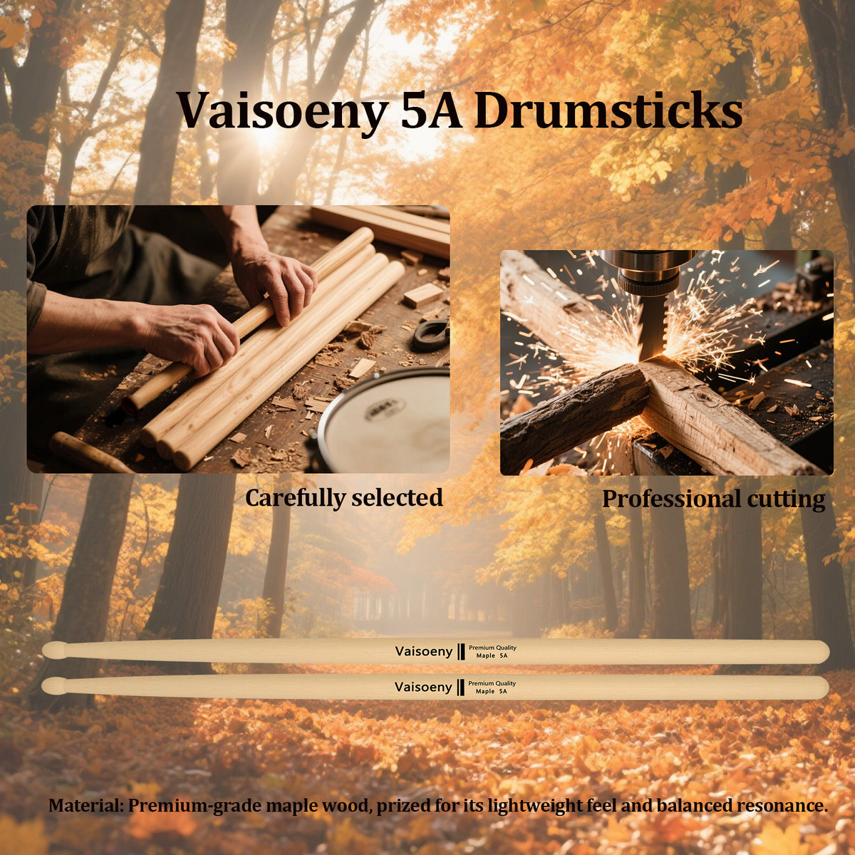 Vaisoeny Drumsticks aus Ahorn, 5A 7A 5B 2B, mit Tropfenspitze (12 Paar)