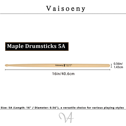 Vaisoeny Drum Sticks, Maple Wood 5A 7A 5B 2B Drumsticks with Teardrop Tip (12 Pairs)