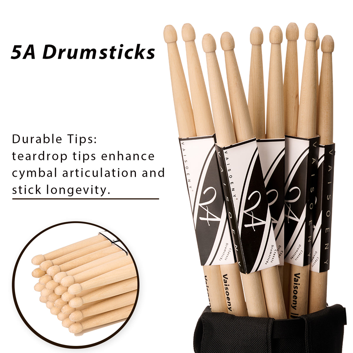 Vaisoeny Drumsticks aus Ahorn, 5A 7A 5B 2B, mit Tropfenspitze (12 Paar)