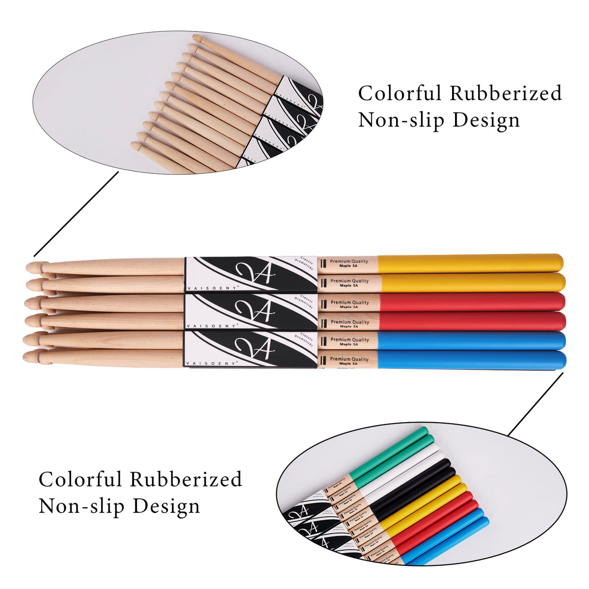 Vaisoeny Drumsticks aus Ahorn, 5A 7A, mit rutschfestem Griff (12 Paar)