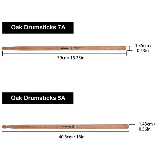 Vaisoeny Drum Sticks, Oak Wood 5A 7A 5B 2B Drumsticks with Teardrop Tip (12 Pairs)